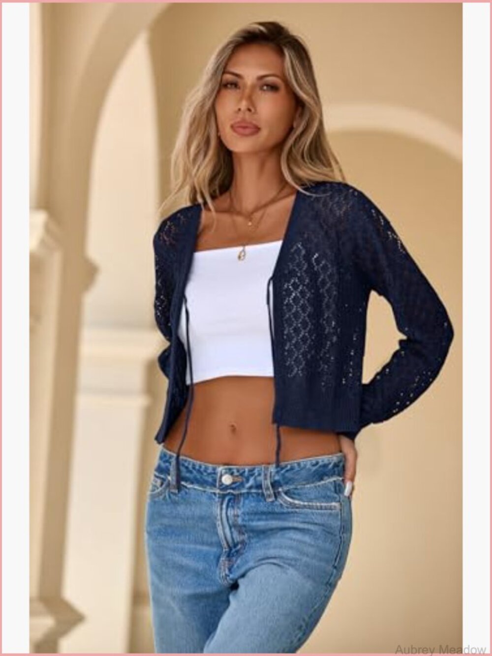 Crochet Cardigan Tie Front Shrug Long Sleeve Knit Cropped Top Boho - Picture 5 of 7